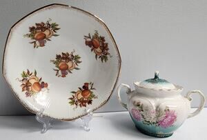 Vintage Decorative Japanese Porcelain Serving Bowl and Sugar Bowl with Lid